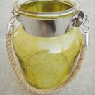 8" H Yellow Glass Jar In Stone Design With Hanging Jute Rope