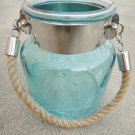 5.50" H Blue Glass Jar Half Crackled With Hanging Jute Rope
