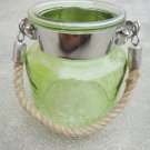 5.50" H Green Glass Jar Half Crackled With Hanging Jute Rope