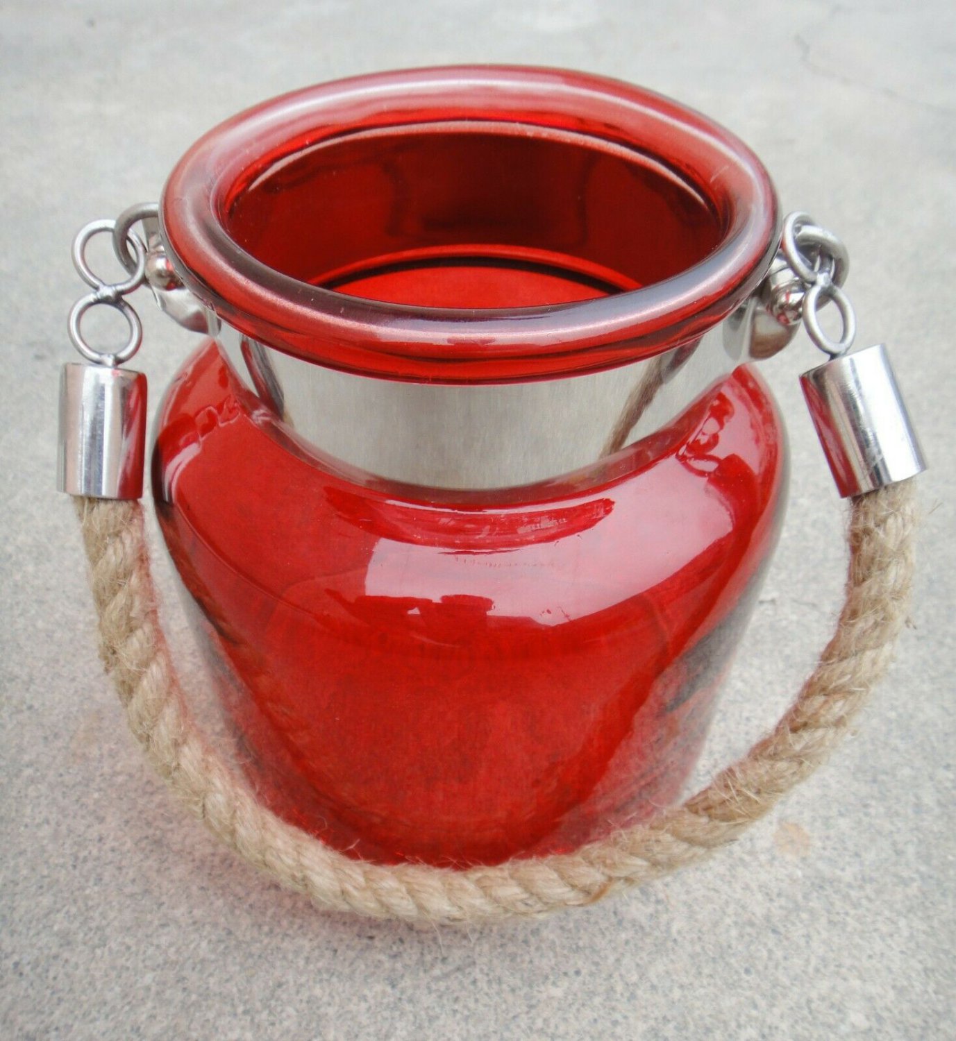 5.50" H Red Glass Jar Half Crackled With Hanging Jute Rope