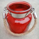 5.50" H Red Glass Jar Half Crackled With Hanging Jute Rope