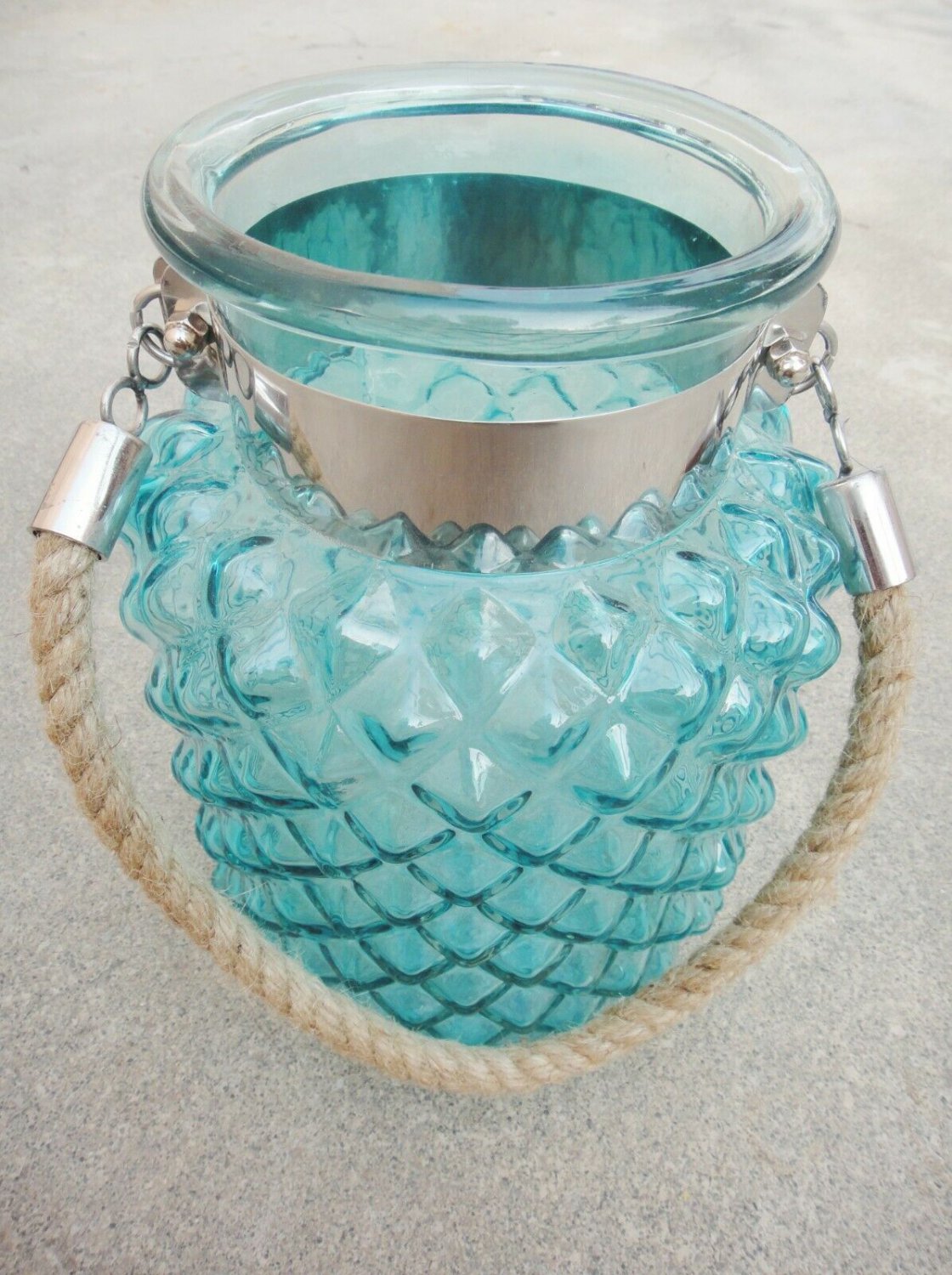 8.50" H Blue Glass Jar In Pine Apple Design With Hanging Jute Rope