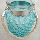 8.50" H Blue Glass Jar In Pine Apple Design With Hanging Jute Rope