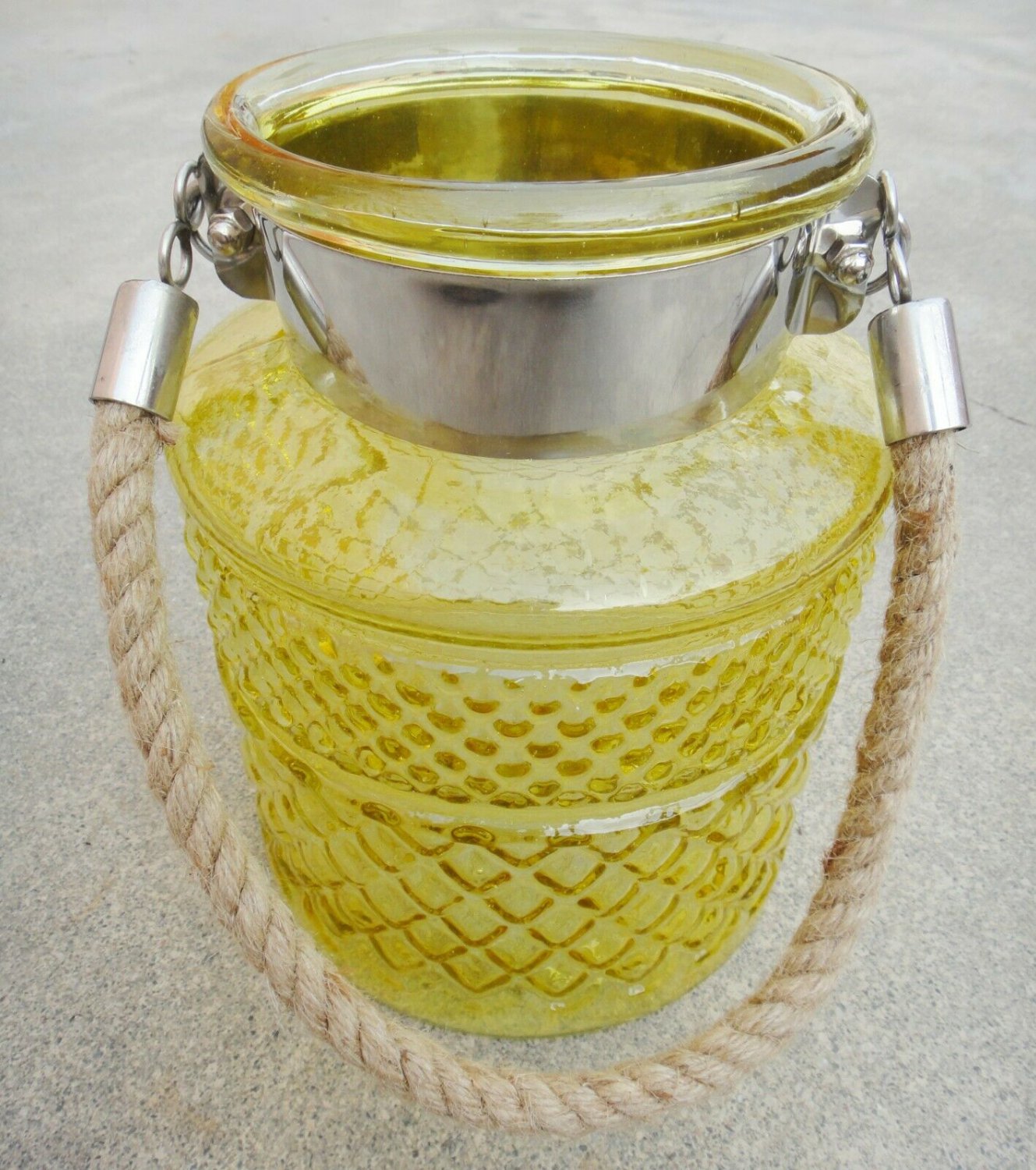 8" H Yellow Glass Jar In Square Embossed Design With Hanging Jute Rope