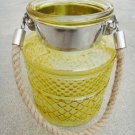 8" H Yellow Glass Jar In Square Embossed Design With Hanging Jute Rope