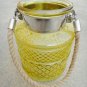 8" H Yellow Glass Jar In Square Embossed Design With Hanging Jute Rope