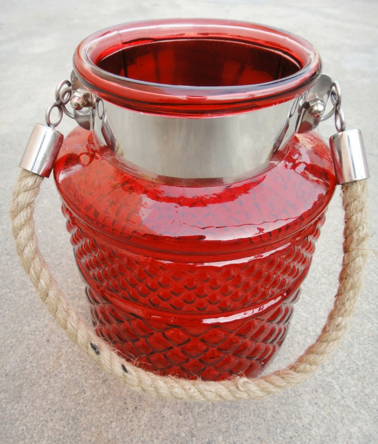 8" H Red Glass Jar In Square Embossed Design With Hanging Jute Rope