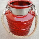 8" H Red Glass Jar In Square Embossed Design With Hanging Jute Rope
