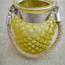6" H Yellow Glass Jar In Pine Apple Design With Hanging Jute Rope