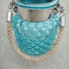 6" H Blue Glass Jar In Pine Apple Design With Hanging Jute Rope