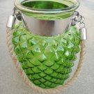 8.50" H Green Glass Jar In Pine Apple Design With Hanging Jute Rope