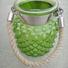 6" H Green Glass Jar In Pine Apple Design With Hanging Jute Rope