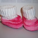 Handmade Crocheted Baby Booties Pink White Cuff 0 - 3 months Girls Cotton Thread
