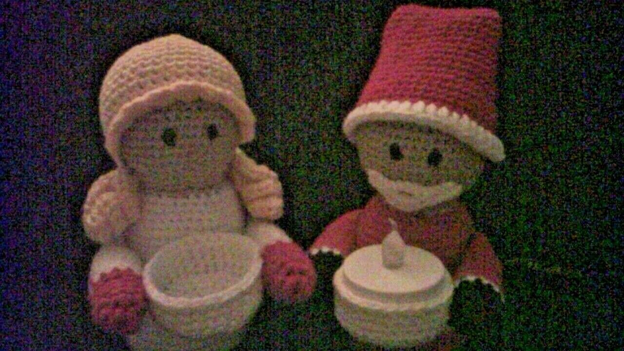 Handmade crocheted Pixie dolls candle holder center piece Christmas decoration