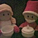 Handmade crocheted Pixie dolls candle holder center piece Christmas decoration