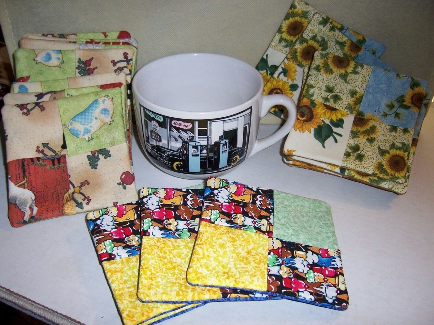 Handmade Cotton Fabric Coaster Barnyard Sunflower Ice Cream Blue Green Cow Sheep