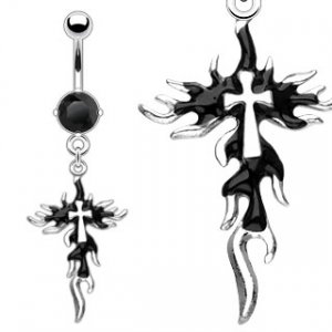 FLAMING BLACK CROSS NAVEL RING