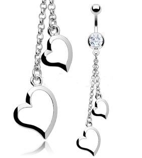 DOUBLE HEART DANGLE NAVEL RING W/CLEAR GEM