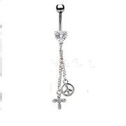 HEART CROSS AND PEACE NAVEL RING/CLEAR GEM