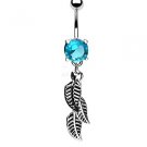 Navel Ring w / Bg aqua Gem & 3 Leaf Dangle