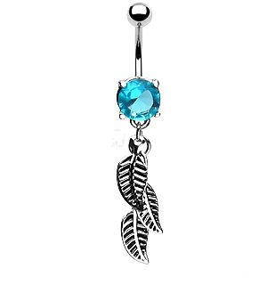 Navel Ring w / Bg aqua Gem & 3 Leaf Dangle