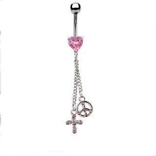 HEART CROSS AND PEACE NAVEL RING/ PINK GEM