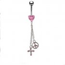 HEART CROSS AND PEACE NAVEL RING/ PINK GEM