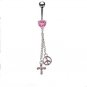 HEART CROSS AND PEACE NAVEL RING/ PINK GEM