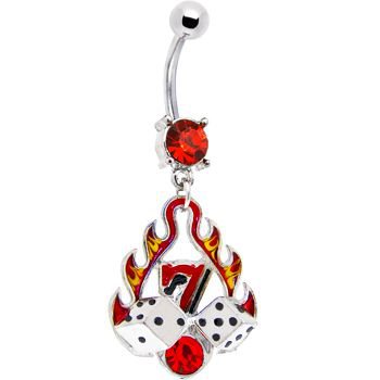 Ruby Red Gem FLAMING 7 DICE Dangle Belly Ring