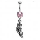 Navel Ring w / Bg Pink Gem & 3 Leaf Dangle