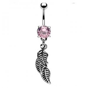 Navel Ring w / Bg Pink Gem & 3 Leaf Dangle