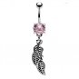 Navel Ring w / Bg Pink Gem & 3 Leaf Dangle