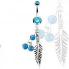Feather with Blue Turquoise Semi Precious Stone Beads And Aqua Gems Navel Ring