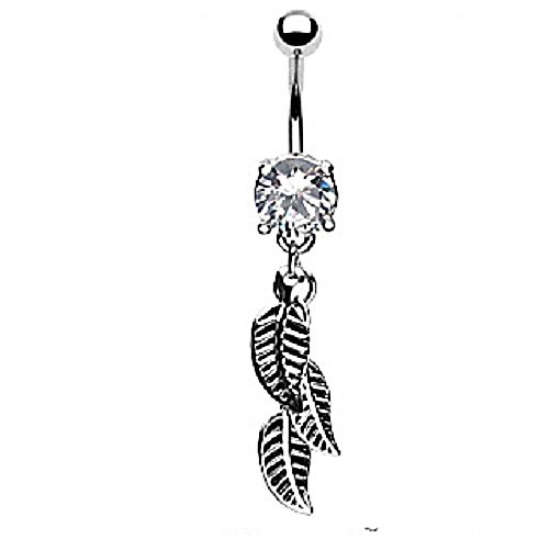 Navel Ring w / Bg clear Gem & 3 Leaf Dangle