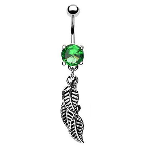 Navel Ring w / Bg Green Gem & 3 Leaf Dangle