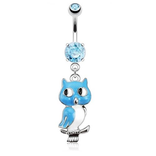 Owl Dangle with Double Aqua CZ Navel Ring