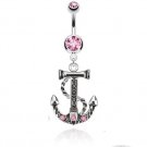 Anchor Dangle Navel Ring with Double Pink CZ Gems