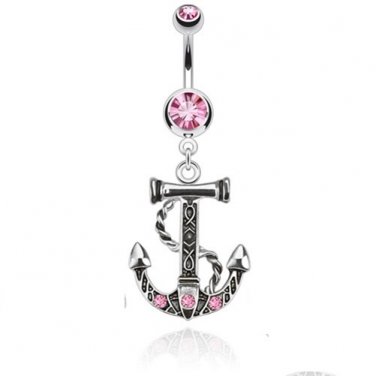 Anchor Dangle Navel Ring with Double Pink CZ Gems