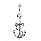 Anchor Dangle Navel Ring with Double Clear CZ Gems