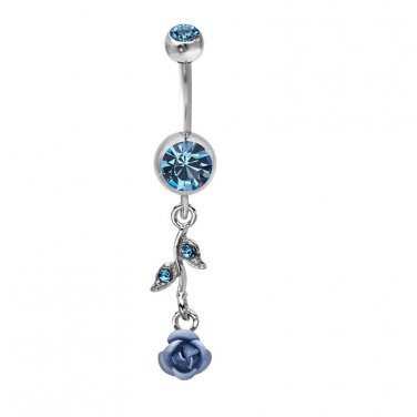 Double Blue Rose w/Leaf Navel Ring