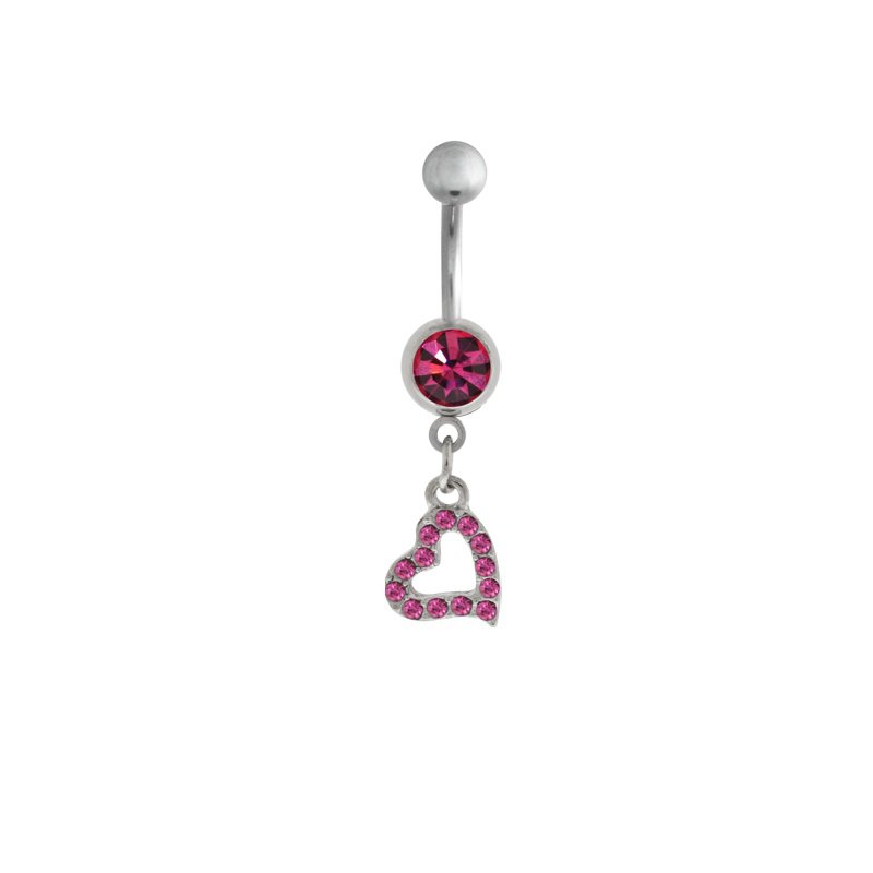 Dangling Pink Paved Heart Navel Ring