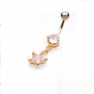 Gold Plated Navel Ring w/Pink CZ Star  Dangle