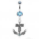Roped Anchor Dangle Navel Ring/Aqua CZ Gems