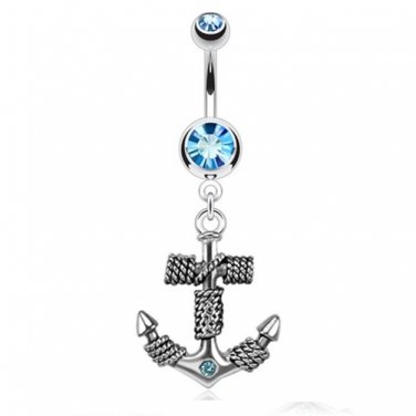 Roped Anchor Dangle Navel Ring/Aqua CZ Gems