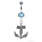 Roped Anchor Dangle Navel Ring/Aqua CZ Gems