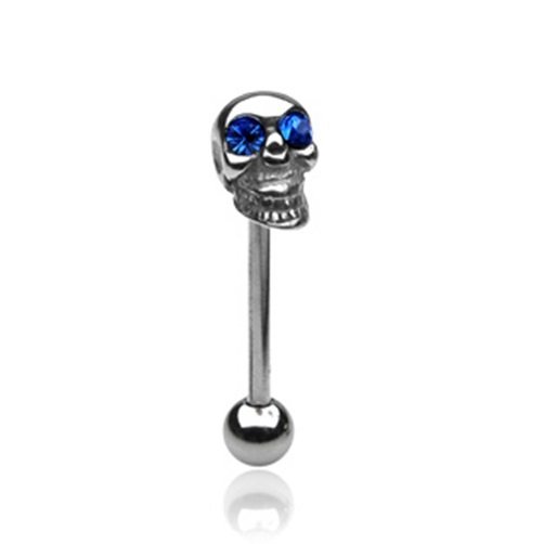 SKULL TONGUE BARBELL w/Blue CZ Eyes