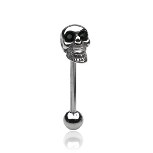 SKULL TONGUE BARBELL w/Black CZ Eyes