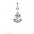 Multi Paved Anchor Dangle Navel Ring with Double Clear CZ Gems
