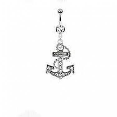 Multi Paved Anchor Dangle Navel Ring with Double Clear CZ Gems