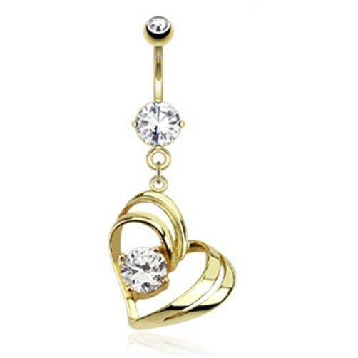 Single Pronged Gem In Hollow Heart Dangle 14kt Gold Plated Navel Ring